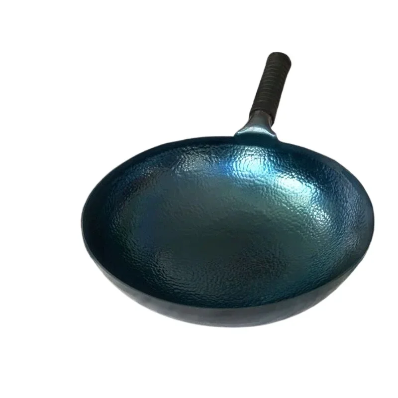 Iron Wok Pan,Chinese Traditional Hammered Iron Woks,2mm Thickness Blue Seasoned Pot,Uncoated Kitchen Cookware,Frying Pan