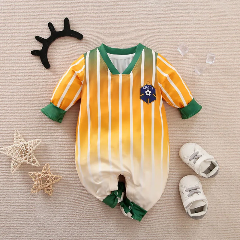 

NewbornBoy PrintedYellow GreenDeep Blue Vertical Stripe Simple And Comfortable Casual Baby SpringAnd AutumnLong Sleeved Jumpsuit