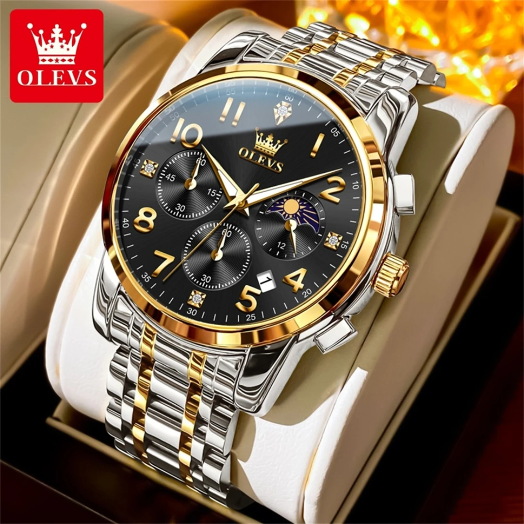 OLEVS 3628 Quartz Fashion Watch Gift Stainless Steel Watchband Round-dial Wristwatch Moon Phase Luminous Small second