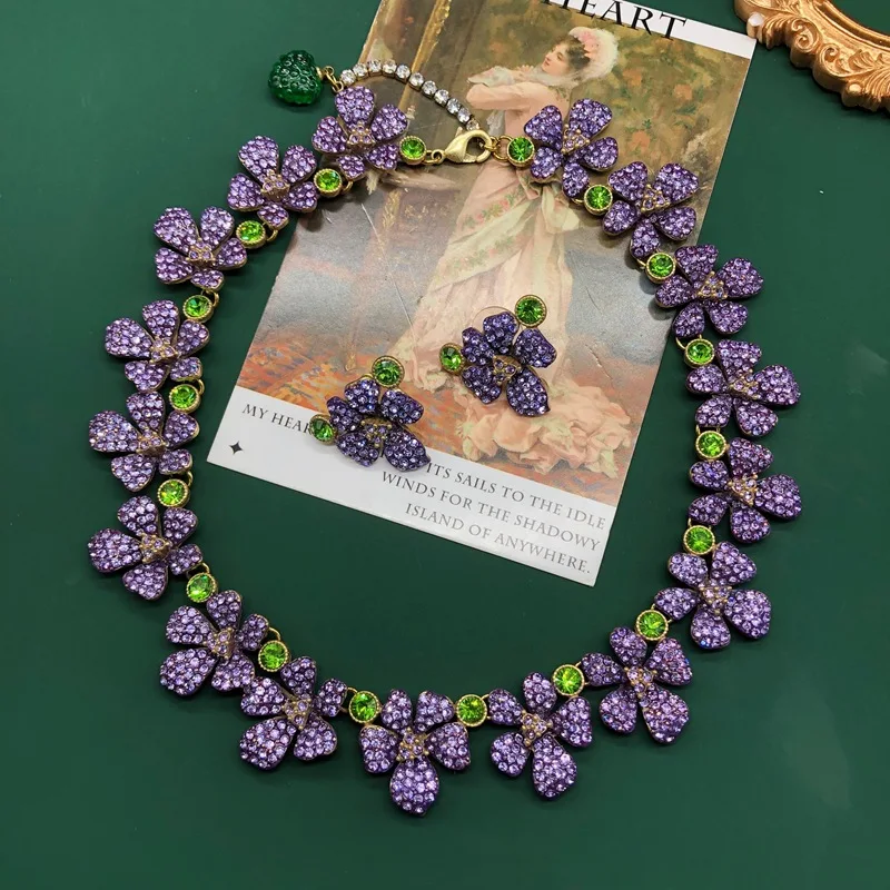 

Французская изысканная мода фиолетового цвета со стразами, инкрустация тяжелой промышленности, роскошное элегантное женское ожерелье, серьги, комплект ювелирных изделий