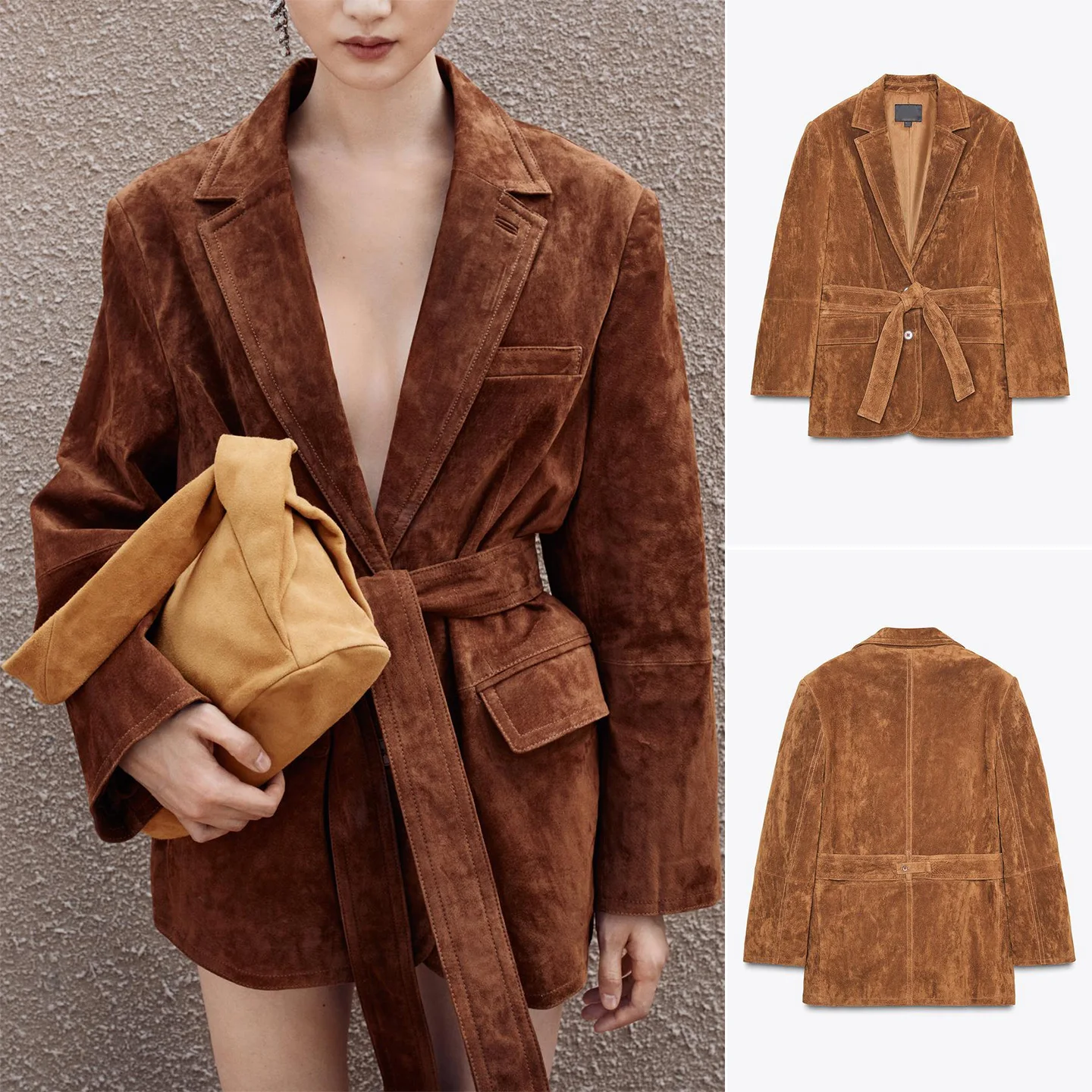 

Autumn Women's Suit Jaet with Knot Belt oulder Pad Long Sve Faux Velvet Casual Sle Other Patterned