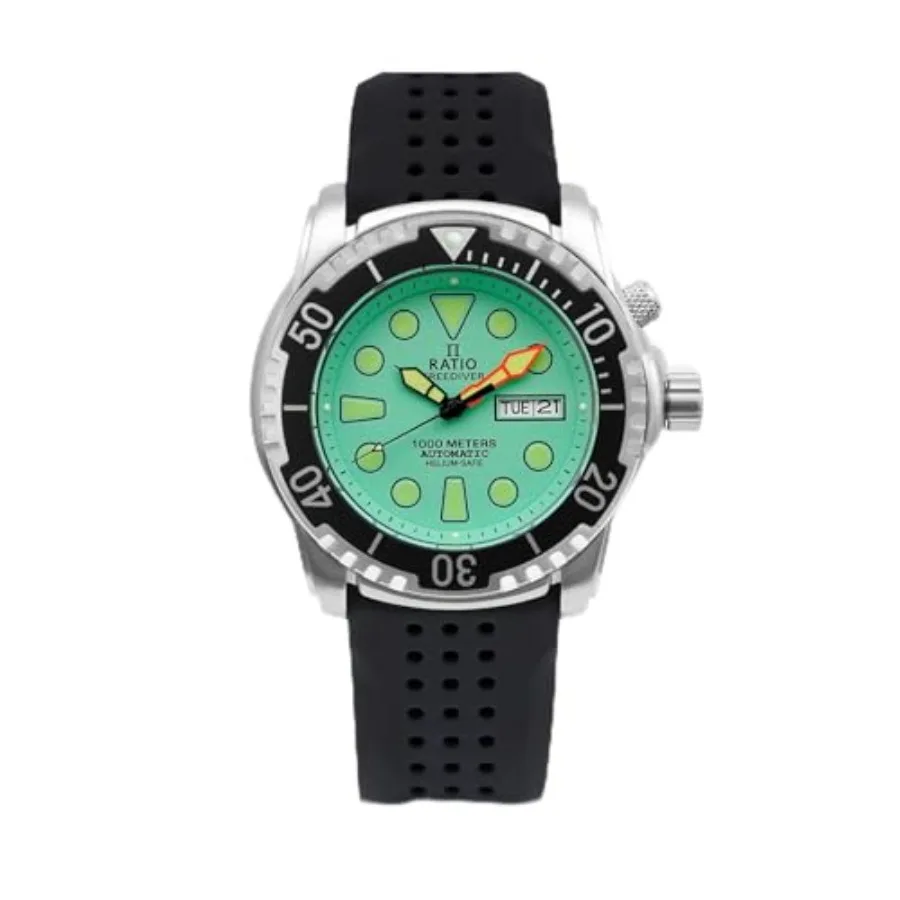 

Professional diving watch for deep-sea use, titanium case, black dial, helium escape valve and sapphire crystal