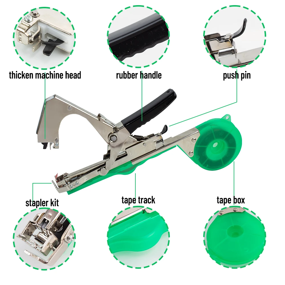 Máquina de atado de plantas, tapenador de jardín + juego de 10 rollos de cinta para atar verduras, uvas, tomates, pepinos, pimientos y flores