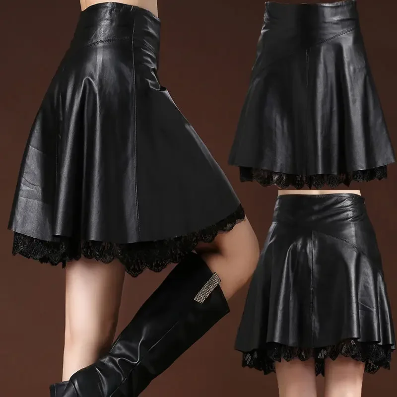 

Women PU Faux Leather Sexy Mini with Lace A-line Fashion Slim Causal Solid High Waist Ladies Elegant Skirts Q100