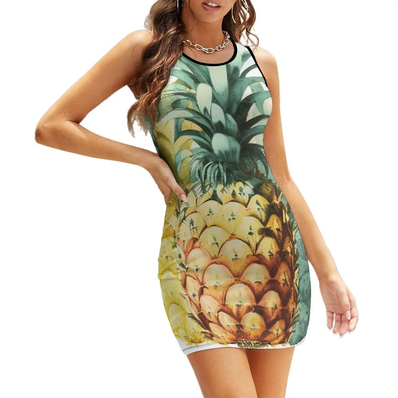 

Aesthetic watercolor painting of pineapples Sleeveless Sundress evening dress women evening dresses women