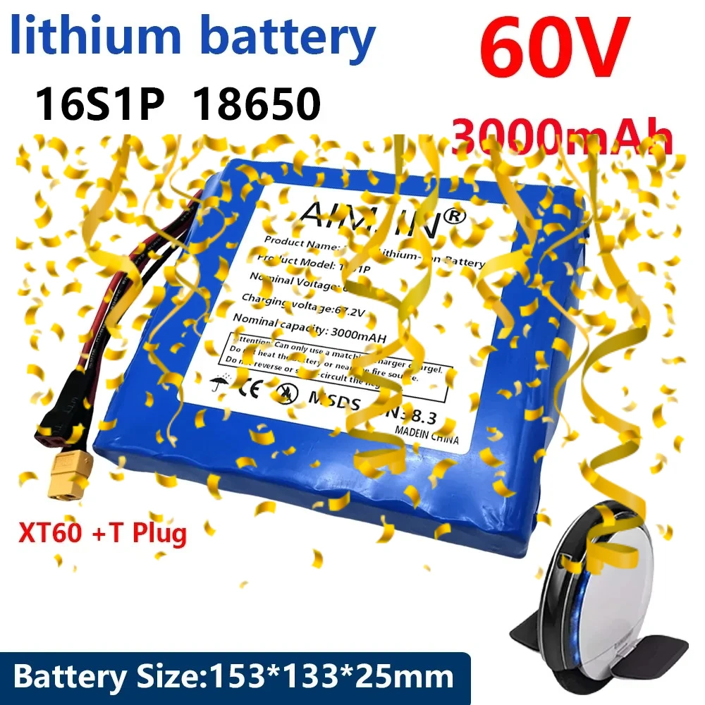 

60V 3.0Ah lithium 16S1P 18650 battery pack with BMS for self-balancing scooter electric unicycle 2200mAh rechargeable battery