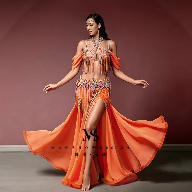 Customized Belly Dancewear Rhinestone Accessories Group Stage Suit Performance Costume Belly Dancing Bra Tassel Split Skirt Set