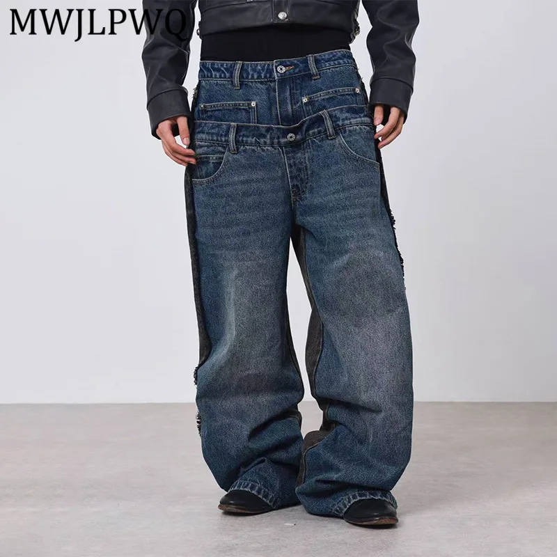 

MWJLPWQ Baggy Double-Waisted Washed Whiskered Design Jeans Men's Spliced High-End Straight Wide-Leg Trousers Spring Autumn 14684