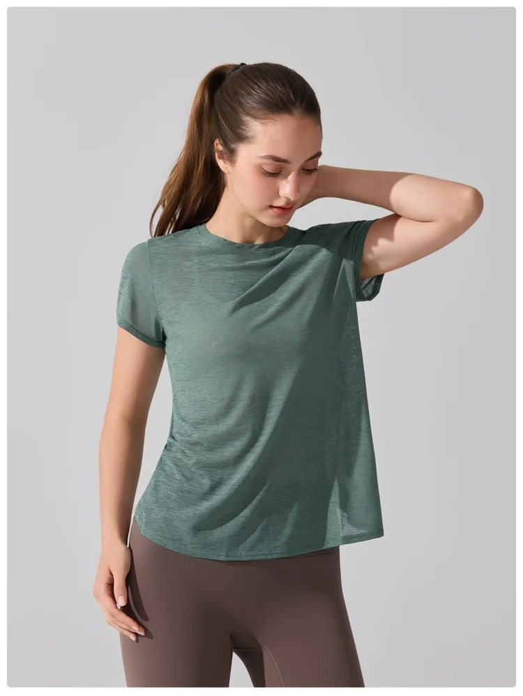 Damen Yoga-Überziehshirt mit strukturierter, kurzer Ärmelform, ausgestelltem Design, atmungsaktiv, schnelltrocknend, ideal für Pilates und Fitnessstudio. – Detail 6