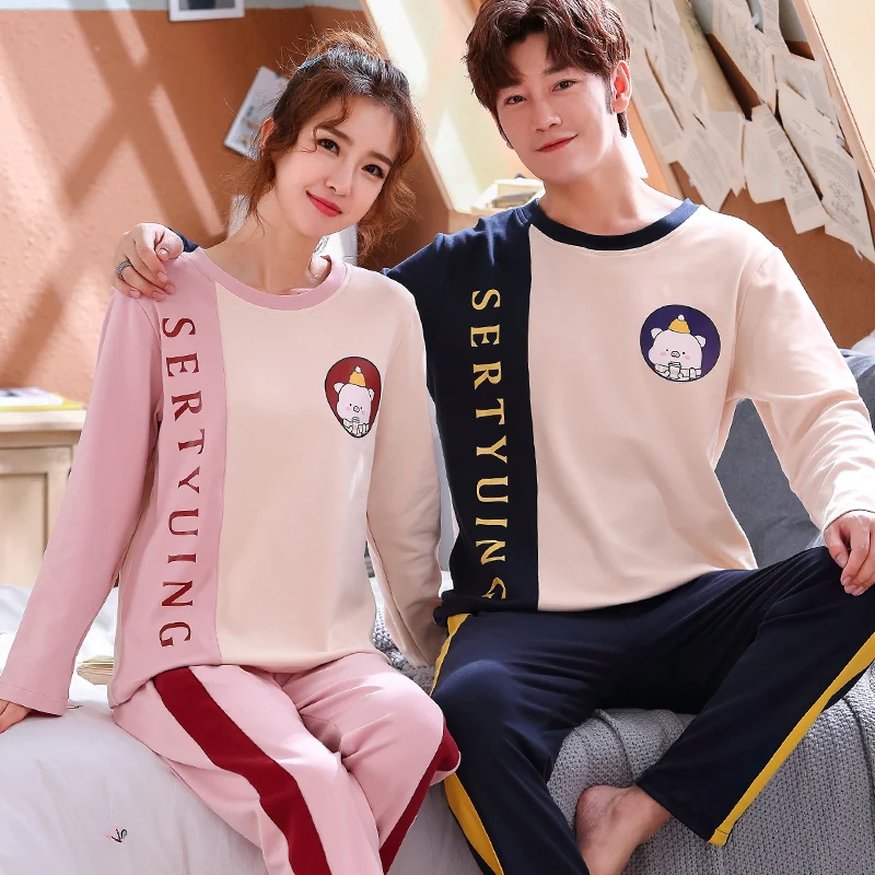 Couples Cotton Sleepwear Spring Long Sleeping Tops Pant Pajamas Set Men Home Clothes Women Nightwear Pjs Loungewear Hombre