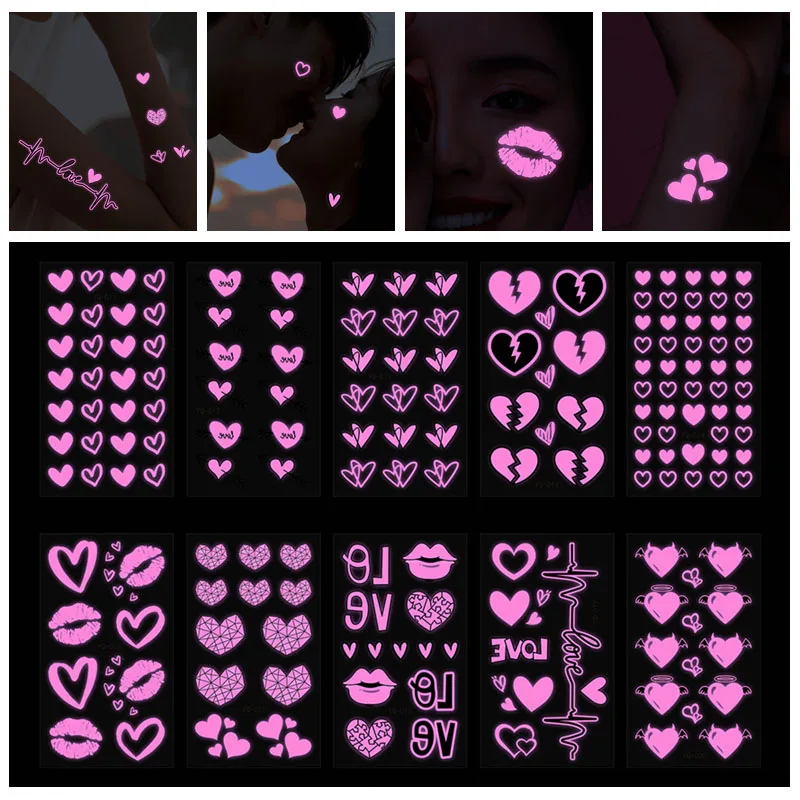 Love Heart Fluorescent Stickers Temporary Skin Art Tattoo for Face Body Music Concert Party Night Club Festival Tattoos