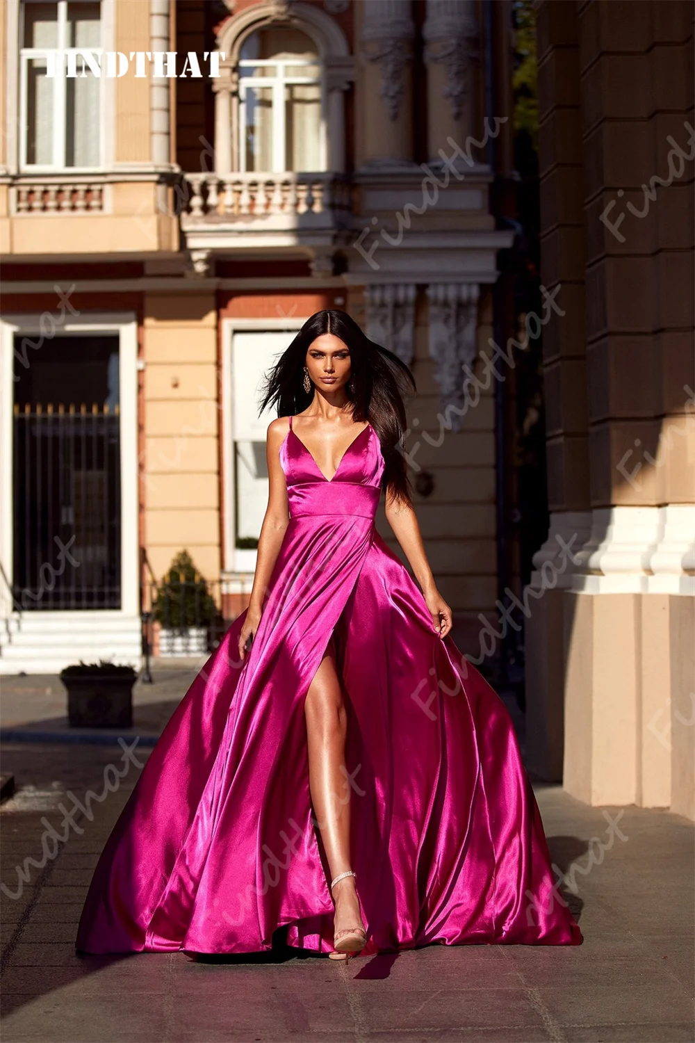 Findthat Sexy Deep V-Neck Evening Formal Dress 2024 Sleeveless High Waist A-Line Side Split Satin Bridesmaid Gowns Sweep Train