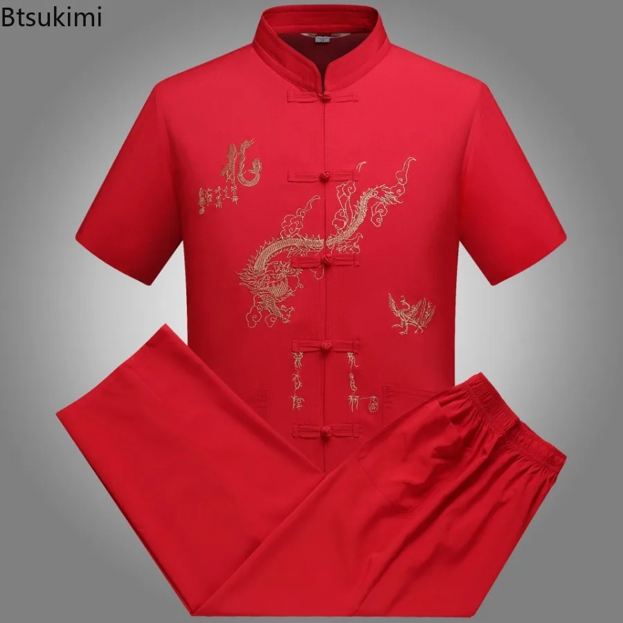 Chinese Style Men's Embroidery Shirt Two Piece Set Traditional Tai Chi Kung Fu Costume Sets Vintage Mid Old Age Tang Suit Dragon