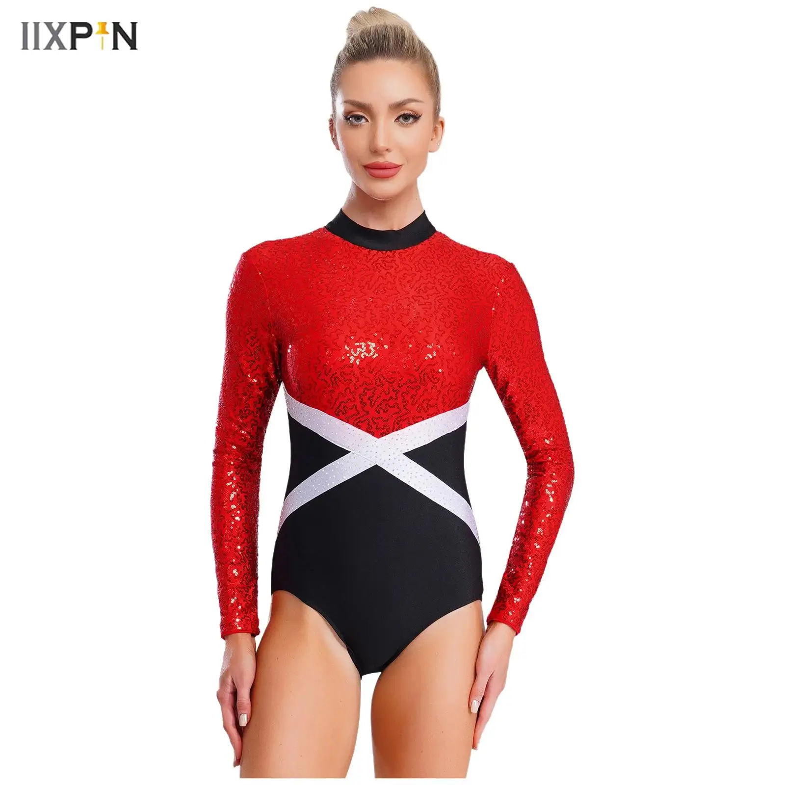 

Womens Gymnastic Leotard Contrast Color Long Sleeve Glittery Sequin One-piece Bodysuit Jumpsuit for Figure Skating Ballet Dance