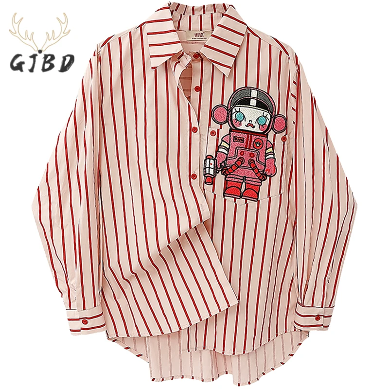 Women's Pink Stripe Shirts Casual Robot Embroidery Polo Collar Long Sleeves Vintage Fashion Baggy Ladies Blouse Tops Spring