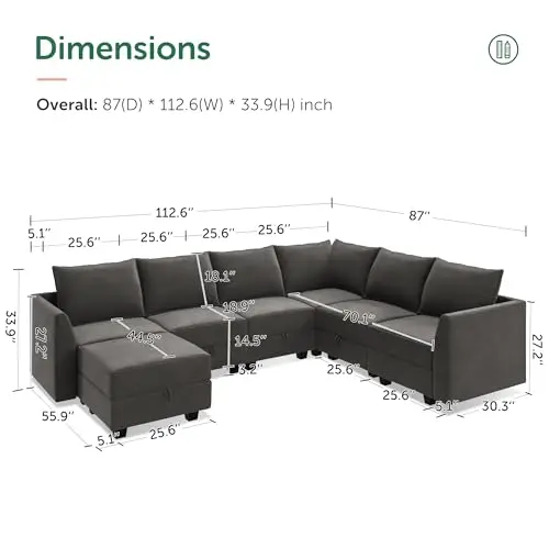 Sectional Sofa Velvet U Shaped Couch with Storage Oversized Modular Sectional Sofa Couch for Living Room Grey