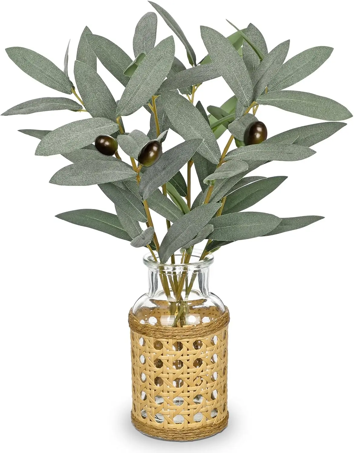 

Artificial Olive Branch in Woven Glass Vase with Faux Water - Fake Plant for Indoor Decor, Desk, Table Centerpiece