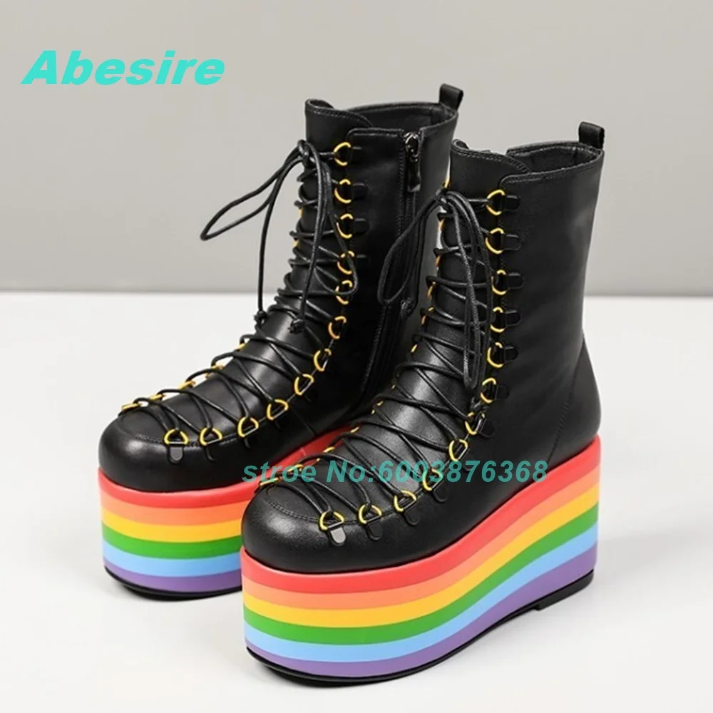 

Красочные женские ботинки на платформе с перекрестной шнуровкой, круглым носком, на танкетке, с боковой молнией, в уличном стиле Y2K, милые и стильные повседневные туфли