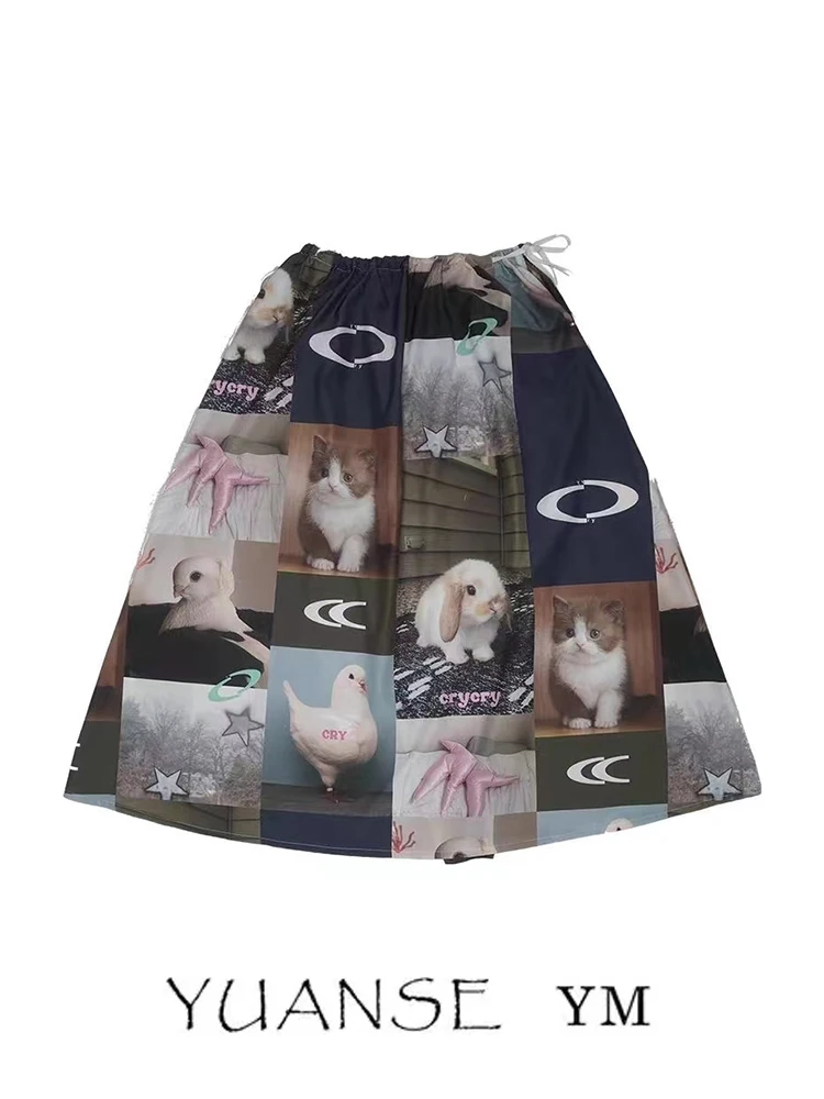 

Cute Rabbit Print ASymmetrical Hem Midi Skirt Women's Spring Autumn Small Audience Design Age Reduction Belt Color Block ...