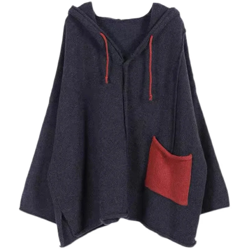 

Loose Knitted Cardigan Women's Autumn Winter Faion Artistic Patchwork ket Color Blo Thiened Long Sve Hoodie Coat