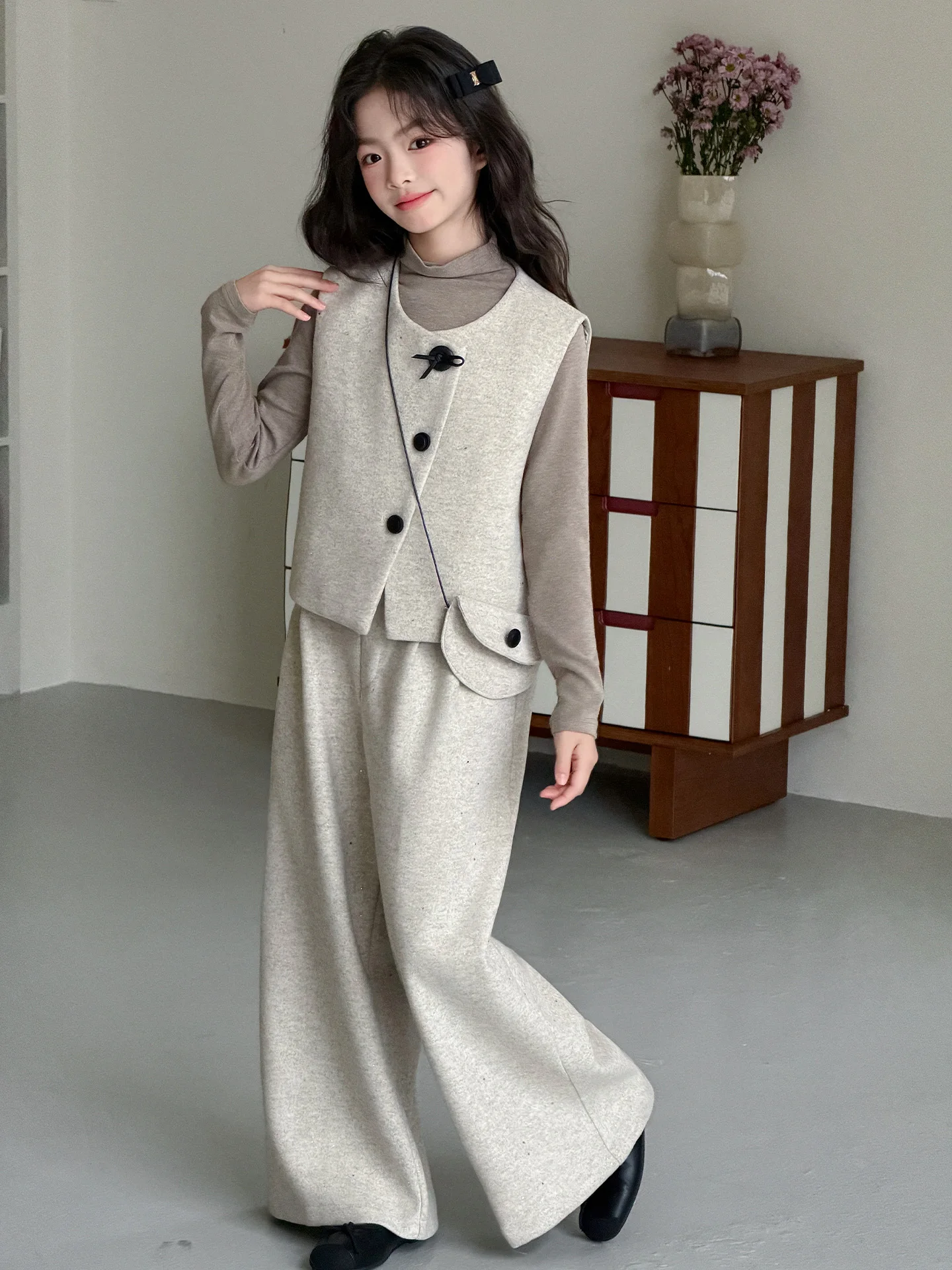 

Girls Casual Faionable Tee-Piece Set Spring Autumn Wide Leg Pants Vest Base Layer Korean Sle Breathable Long Sve