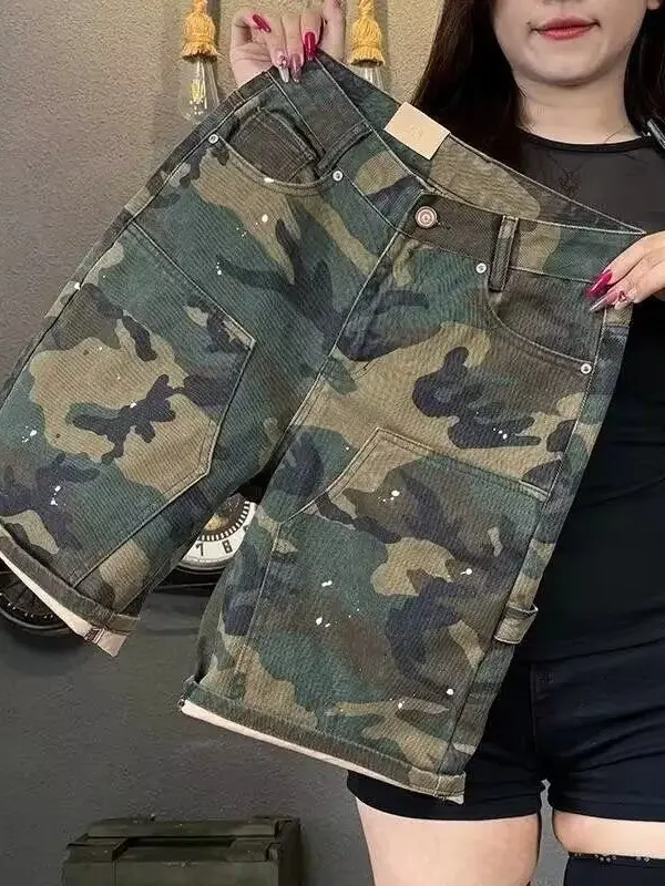 

American Style Heavyweight Camouflage Denim Shorts Men's Summer Thin Trendy Workwear Loose Straight Five-Quarter Pants