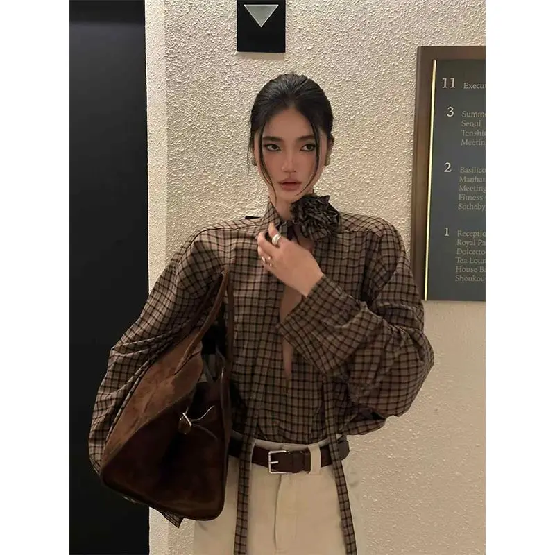

American Retro Design Plaid Shirt for Women Spring New Retro Casual Long-sleeved Straps Brown Shirt Jacket
