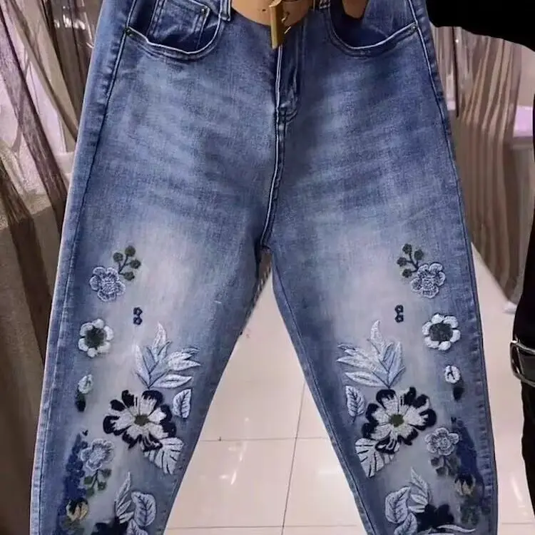 Elastic Waist Spring And Autumn New High-Waisted Jeans Women's Loose And Thin Harlan Pants Versatile Women's Pants Blue Jeans