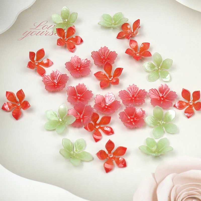 10pcs 16x16mm Red Green Flower Loose Spacer Beads for Headwear Handmade Resin Wedding Party DIY Jewelry Making Supplies Hole 1mm