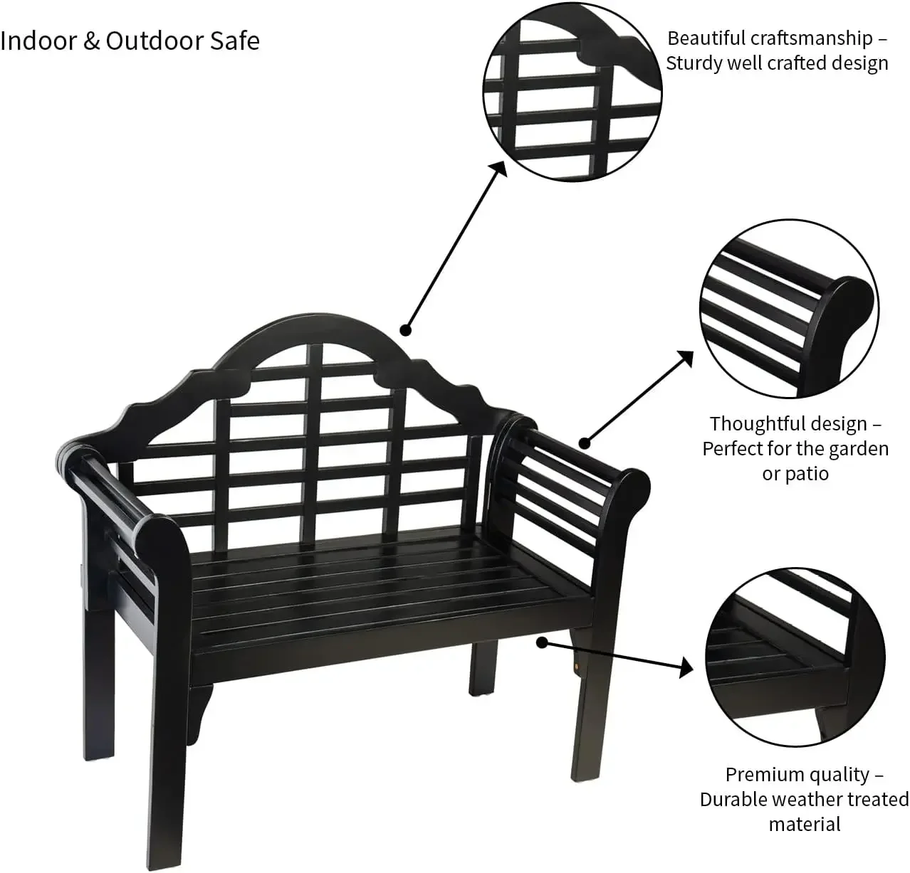 Plow & Hearth Weatherproof Lutyens Outdoor Bench | Holds Up To 400 lbs | Garden Patio Porch Park Deck Wood  Black