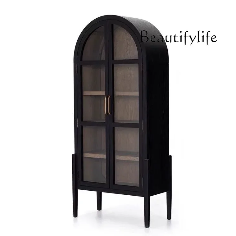 Librería arqueada de madera maciza americana, sencilla, con armario de suelo de vidrio, mueble de vino lateral retro para comedor