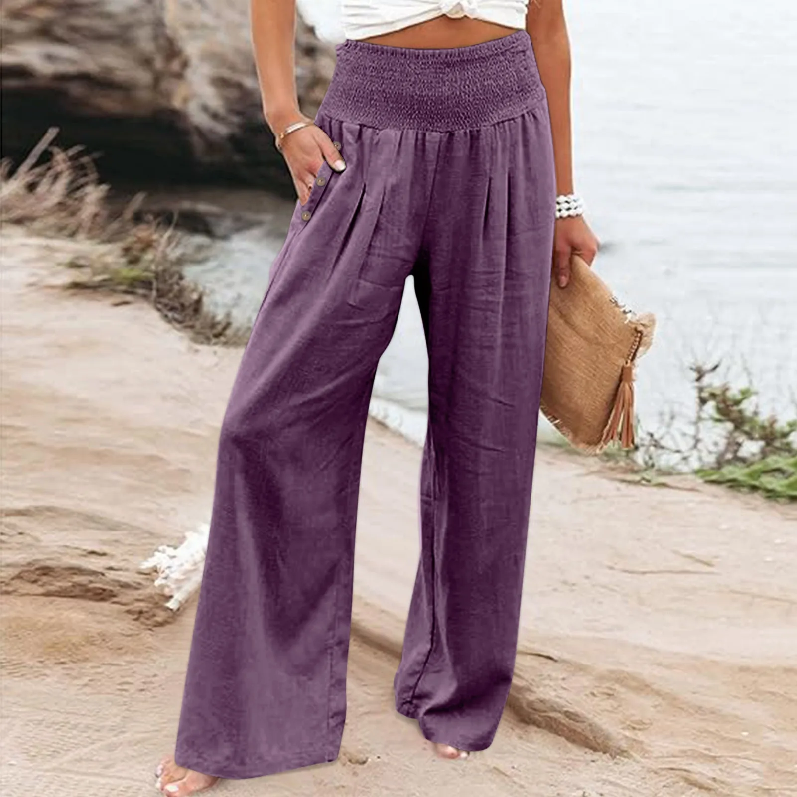 

Women Summer Pants Solid Color Wide Leg Mid Elastic Waist Full Length Loose Soft Breathable Lady Pockets Trousers Sweatpants