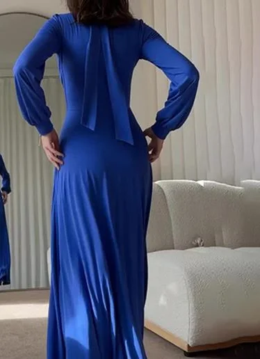 

Solid Color Semi High Neck Slim Fit Waist A-Line Long Sleeved Dress with Autumn Temperament Elegant Twisted Waist Women's Dress