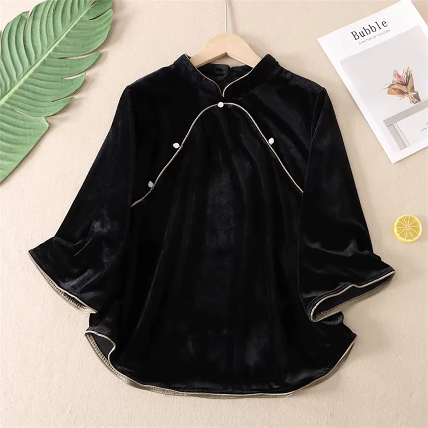 

Новые женские бархатные топы Ципао в китайском стиле с воротником-стойкой, элегантные женские пальто с рукавами три четверти и бисером, пуловеры в стиле ретро WZ2542