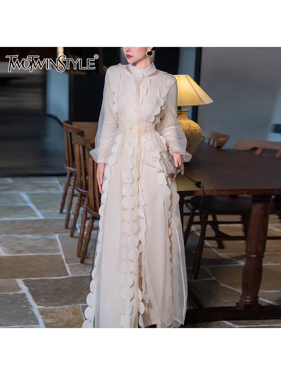 

TWOTWINSTYLE Elegant Temperament Two Piece Set For Women O Neck Long Sleeve Dress O Neck Mesh Long Sleeve Dress Sets Female New