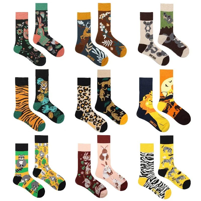 Fashion Personality Asymmetrical AB Version Deer Tiger Lion Leopard Koala Zebra Cow Rabbit Medium Stockings for Men and Women