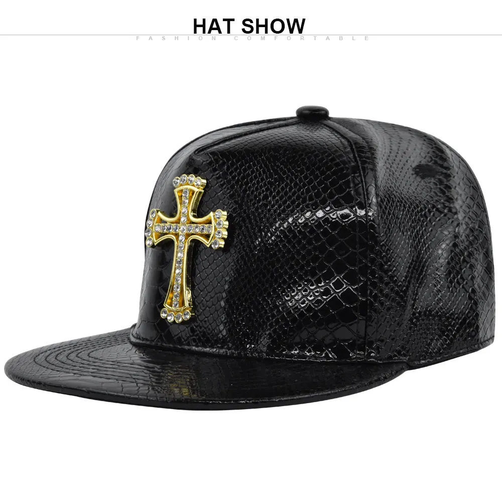 

Hip Hop Flat Brimmed Baseball Cap Cross Decor PU Hat for Men Eye Catching Stage Performance Accessory Headwear for Parties