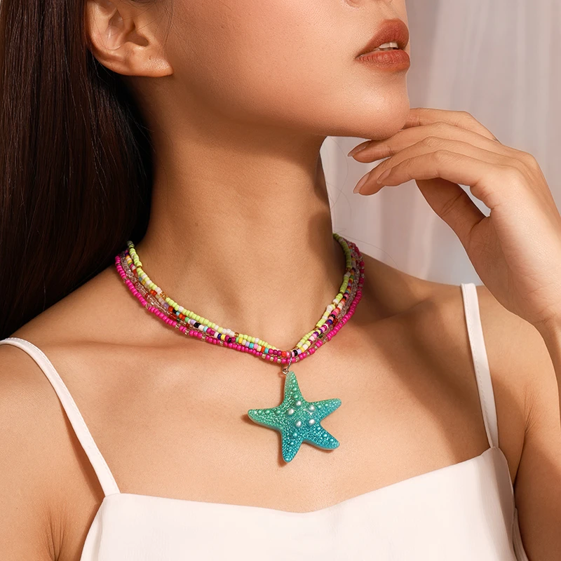 Bohemia Handmade Colorful Beads Necklace for Women Fashion Starfish Pendant Necklace Girls Party Festival Jewelry Gifts