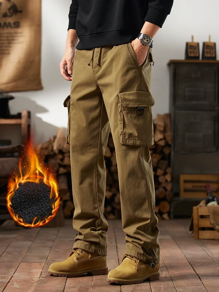 

Men's Winter Insulated Cargo Pants with 6 Pockets Washed Cotton Slight Stretch Straight Trousers Fleece-lined Thick Warm Pants