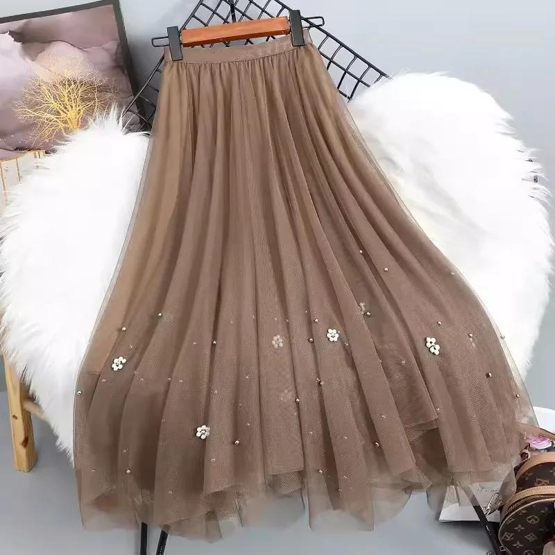 Mode Kralen Lange Mesh Rok Voor Vrouwen, Hoge Taille, Max Geplooide Tutu, Asymmetrische Tule Rok, Gaas Rok, Vrouw, 2024