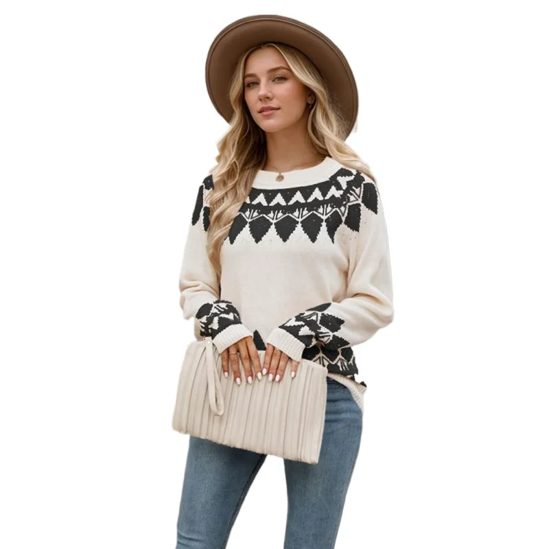 2024Autumn and Winter New Women's Retro Jacquard Halloween Sweater round Neck Sweater for Women