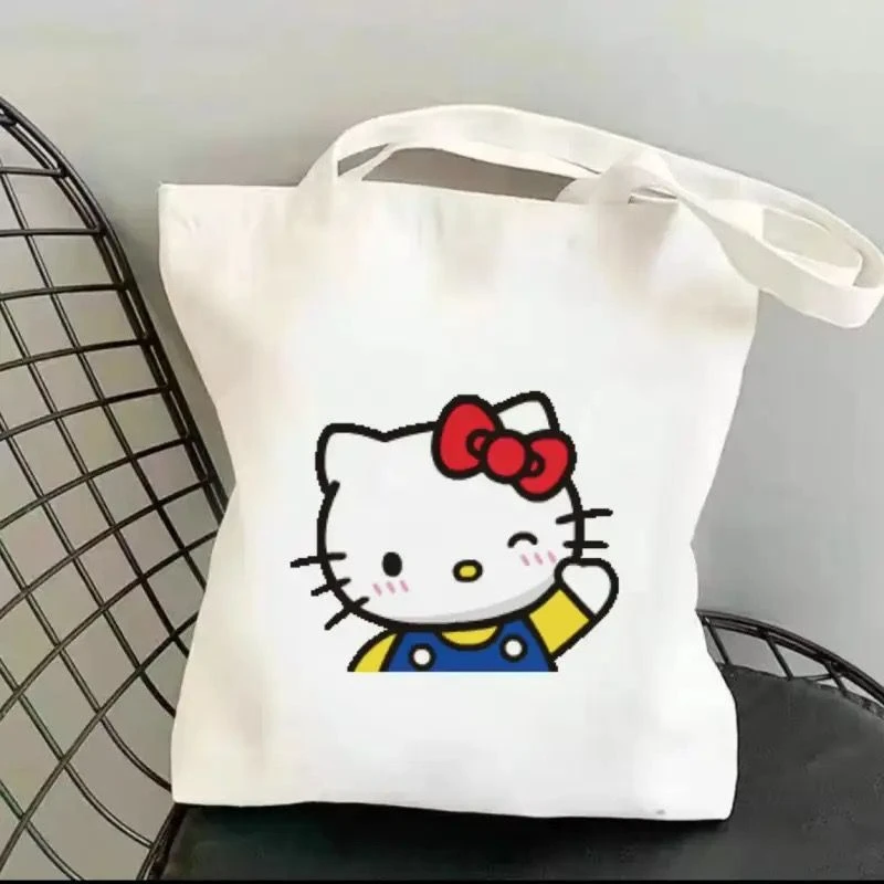 

Hello Kitty Canvas Tote Bag Harajuku Y2k 90s Cartoon Girl Handbag Large Capacity Female Shoulder Bags Portable Travel Purse Gift