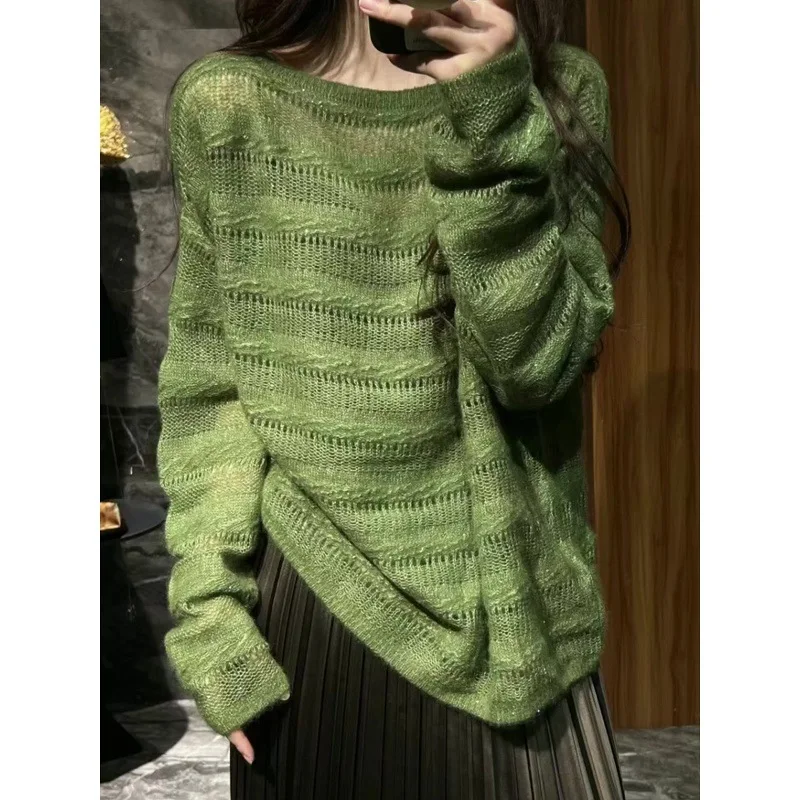 

Женский ранний осенний чрезвычайно красивый популярный наряд, зеленый свободный вязаный свитер премиум-класса в ленивом стиле