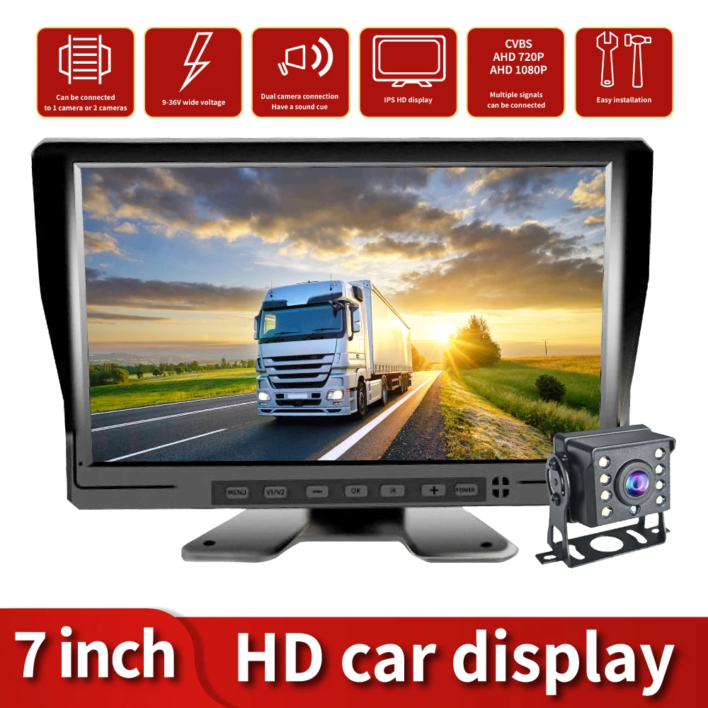 

7 inch BSD Truck Car Monitor 2CH DVR Video HD IPS Screen Recorder for Bus truck Reverse Backup Vehicle Camera 12-24V
