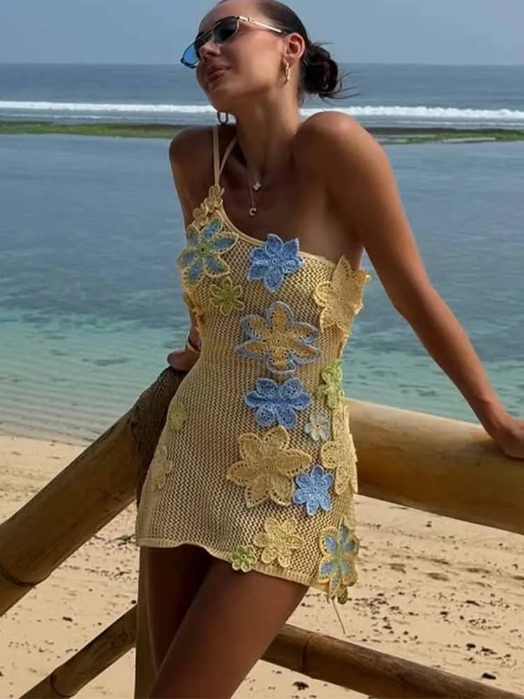 

MCDV Hollow Out Y2k Beach Women Mini Dress Chic 3d Flower Patchwork Incline Shoulder Backless Lace Up Sexy Vacation Robes Summer