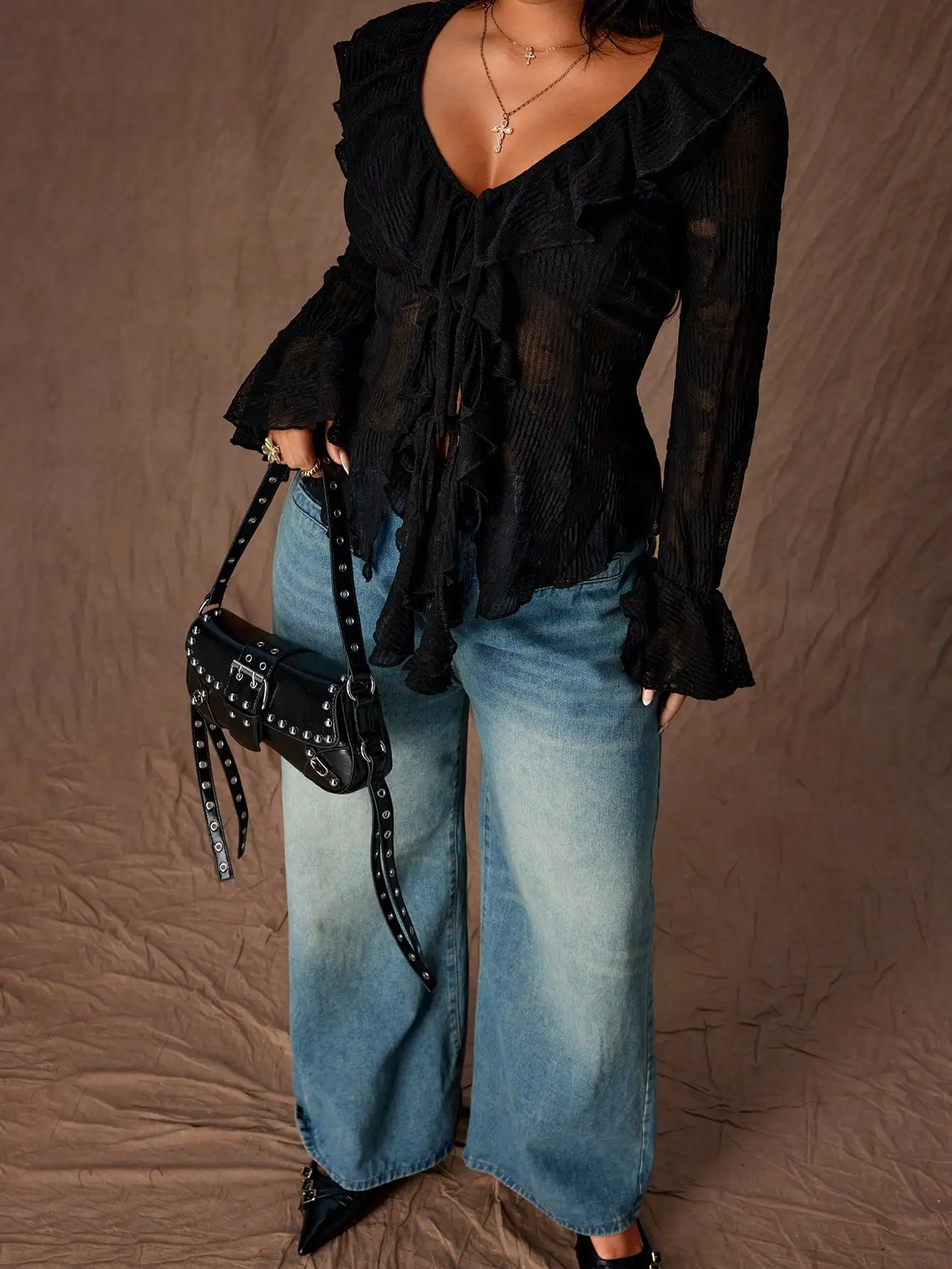 

Elegant Solid Color Ruffle V-Neck Semi-Sheer Blouse For Women