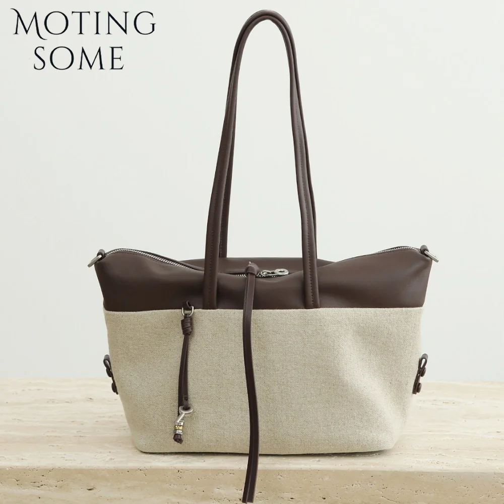 MOTINGSOME Summer Bag Woman Casual Tote Large Capacity Linen Patcwork Cowhide Luxury Designer Bags Crossbody Shopper Totes 2026