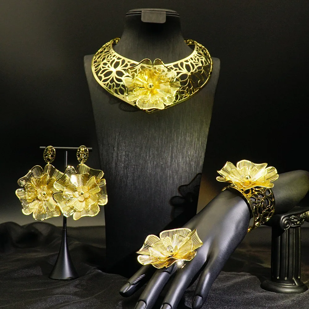 

Dubai Gold Color Jewelry Set for Women Fashion Flower Female Necklaces African Earrings Rings Bangles Set Wedding Party Gift