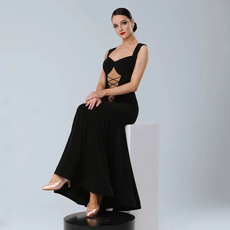 Standard-Tanzkleid für Damen, Walzer-Wettbewerbskleidung, schwarz, ärmellos, Performance-Kleider, Gesellschaftstanz, Bühnenkostüme 2415