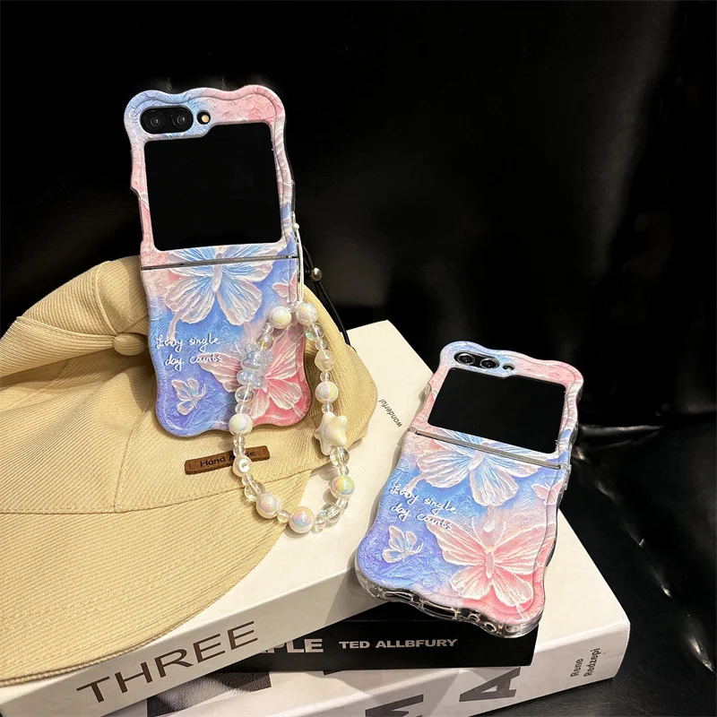 Étui de téléphone antichoc avec bracelet papillon rose dessin animé, housse ondulée pour Samsung Galaxy Z Flip 6 3 4 5 Z Flip6 ZFlip6